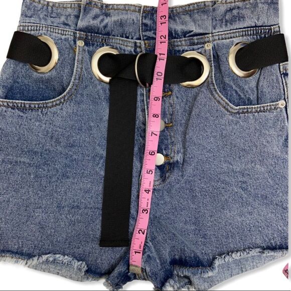 My-Kim Belted Button Fly High Waist Frayed Hem Denim Paper Bag Shorts - Picture 8 of 10
